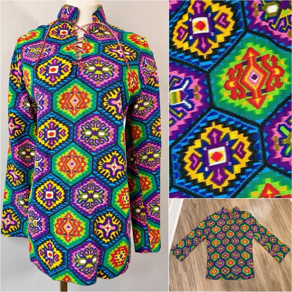 Vintage 1960s Psychedelic Tunic Top Rainbow Shirt Colorful Retro 60s Woodstock